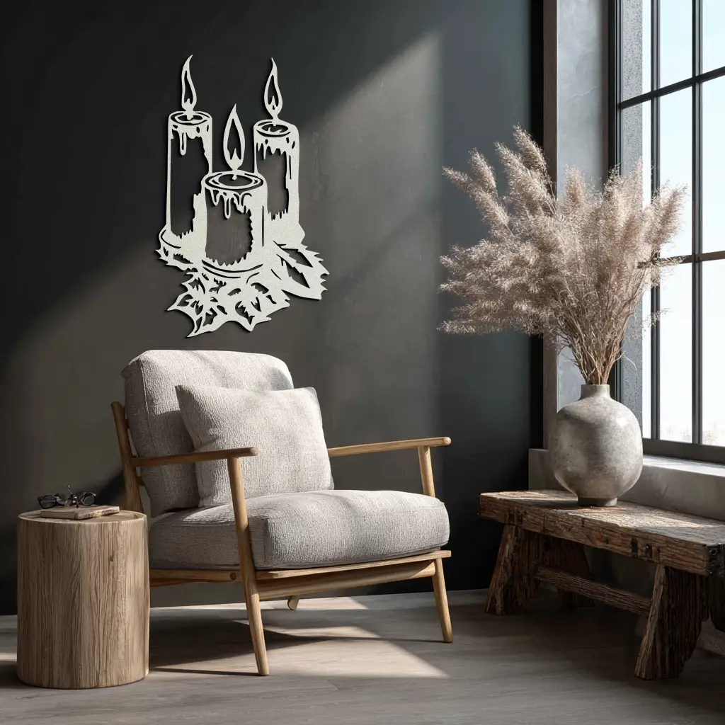 Three Candle Silhouette Metal Wall Art – Elegant Festive Decor for Cozy Interiors- KAF687 by Enova Art
