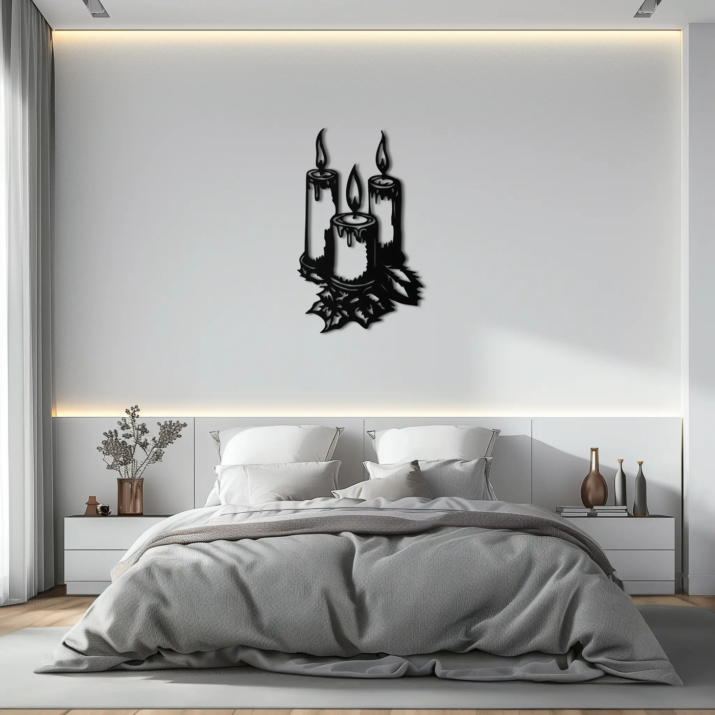 Three Candle Silhouette Metal Wall Art – Elegant Festive Decor for Cozy Interiors- KAF687 by Enova Art