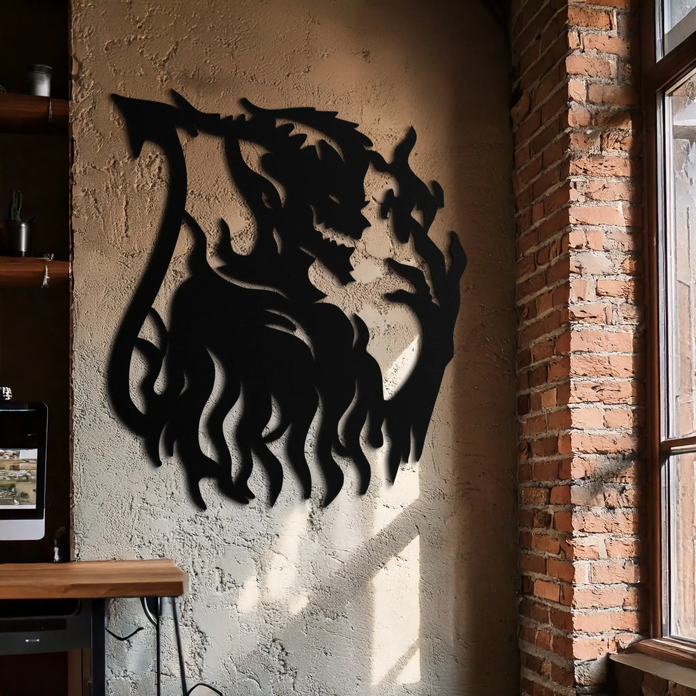 Flame Demon Silhouette Metal Wall Art – Fiery Devil Design for Bold Interiors- KAF690 by Enova Art
