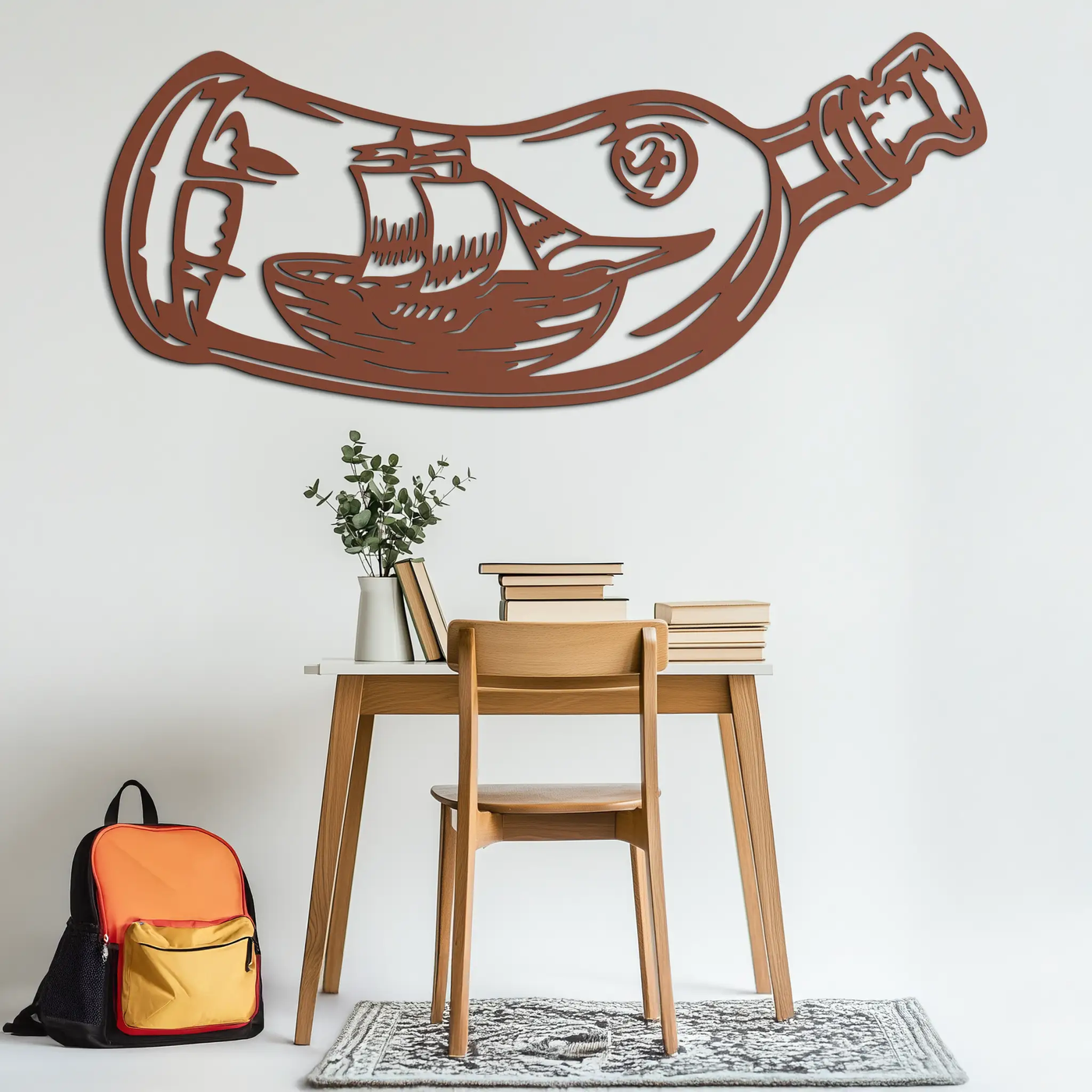 Ship in a Bottle Metal Wall Art – Nautical Silhouette Design for Sea Lovers- KAF691 by Enova Art