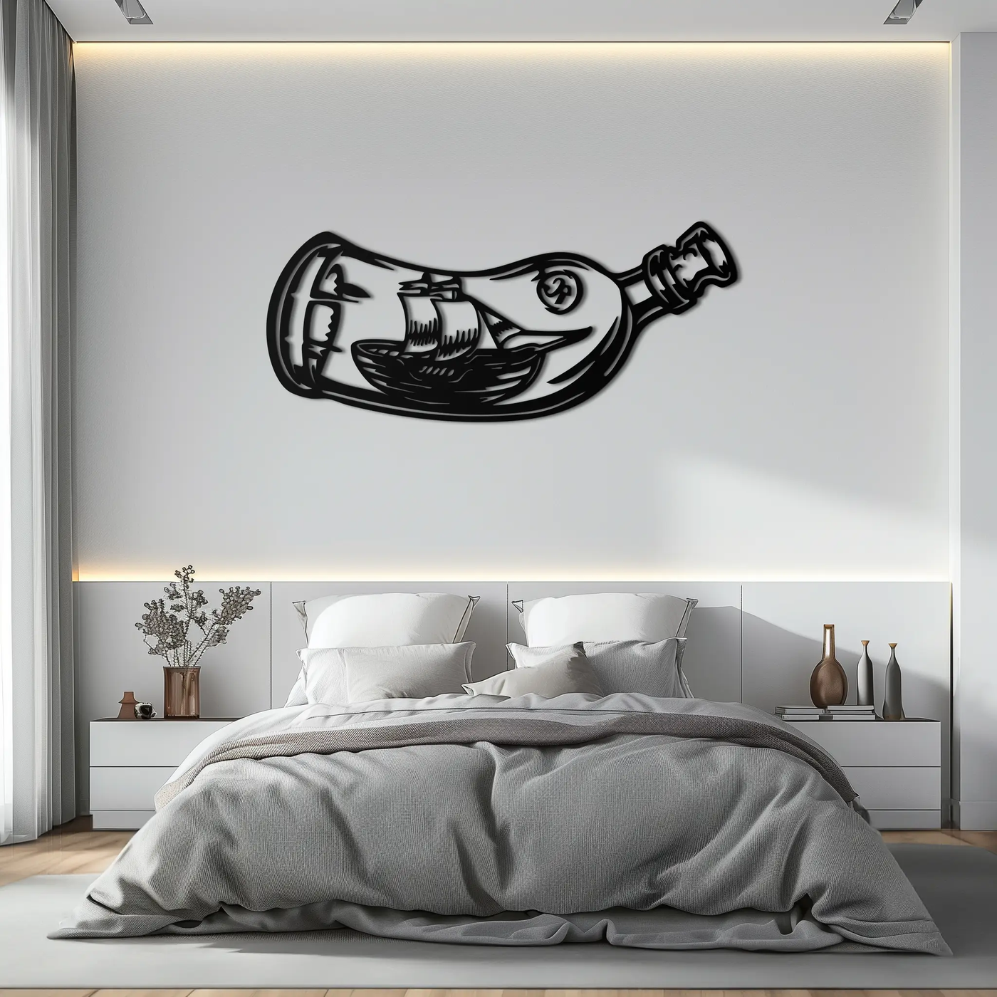 Ship in a Bottle Metal Wall Art – Nautical Silhouette Design for Sea Lovers- KAF691 by Enova Art