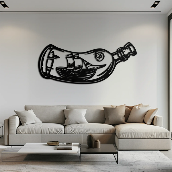Ship in a Bottle Metal Wall Art – Nautical Silhouette Design for Sea Lovers- KAF691