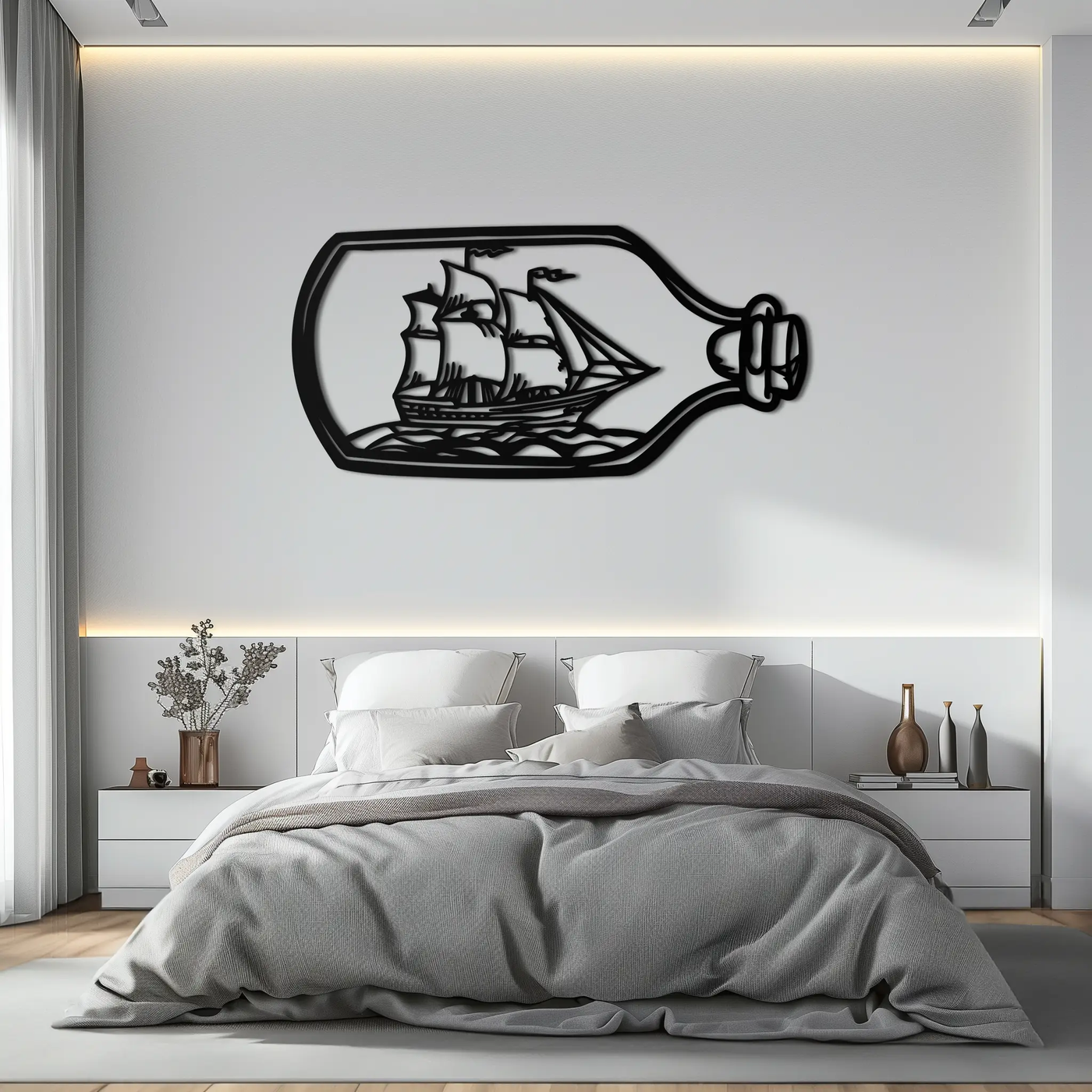 Sailboat in a Bottle Metal Wall Art – Nautical-Inspired Silhouette for Ocean Dreamers- KAF692 by Enova Art