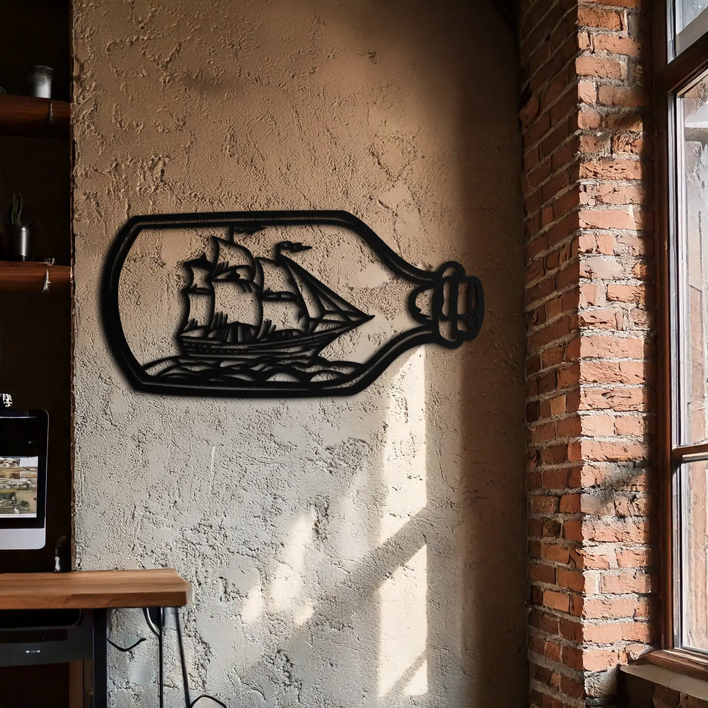 Sailboat in a Bottle Metal Wall Art – Nautical-Inspired Silhouette for Ocean Dreamers- KAF692 by Enova Art