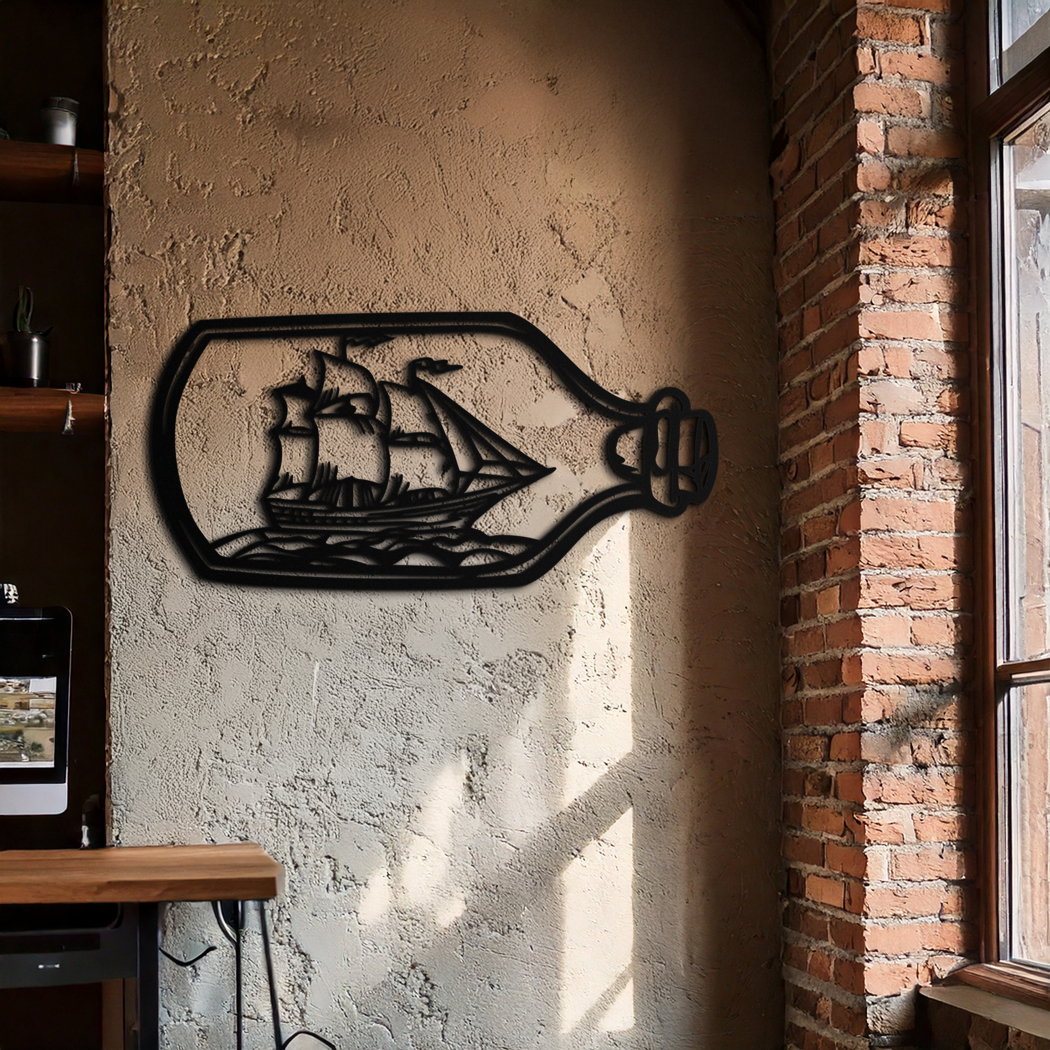 Sailboat in a Bottle Metal Wall Art – Nautical-Inspired Silhouette for Ocean Dreamers- KAF692 by Enova Art