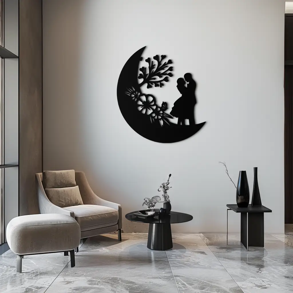 : Lovers on the Moon Metal Wall Art – Romantic Silhouette for Dreamy Interiors- KAF695 by Enova Art