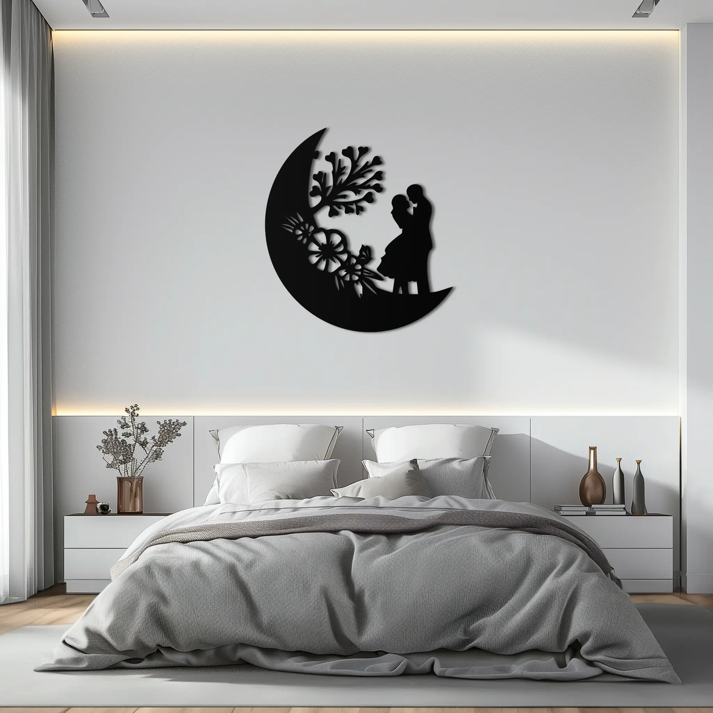 : Lovers on the Moon Metal Wall Art – Romantic Silhouette for Dreamy Interiors- KAF695 by Enova Art