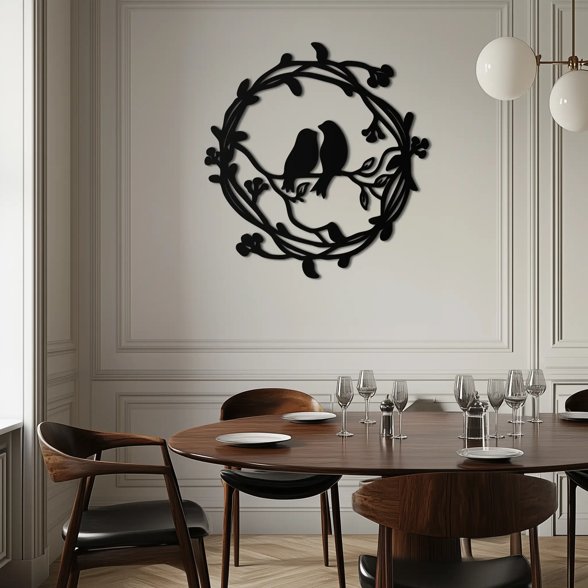 Two Birds on Wreath Branch Metal Wall Art – Romantic Nature-Inspired Round Design- KAF702 by Enova Art