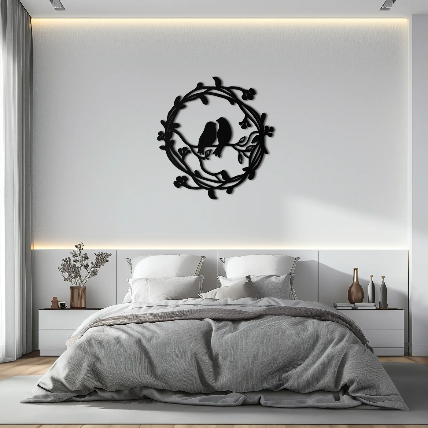 Two Birds on Wreath Branch Metal Wall Art – Romantic Nature-Inspired Round Design- KAF702 by Enova Art