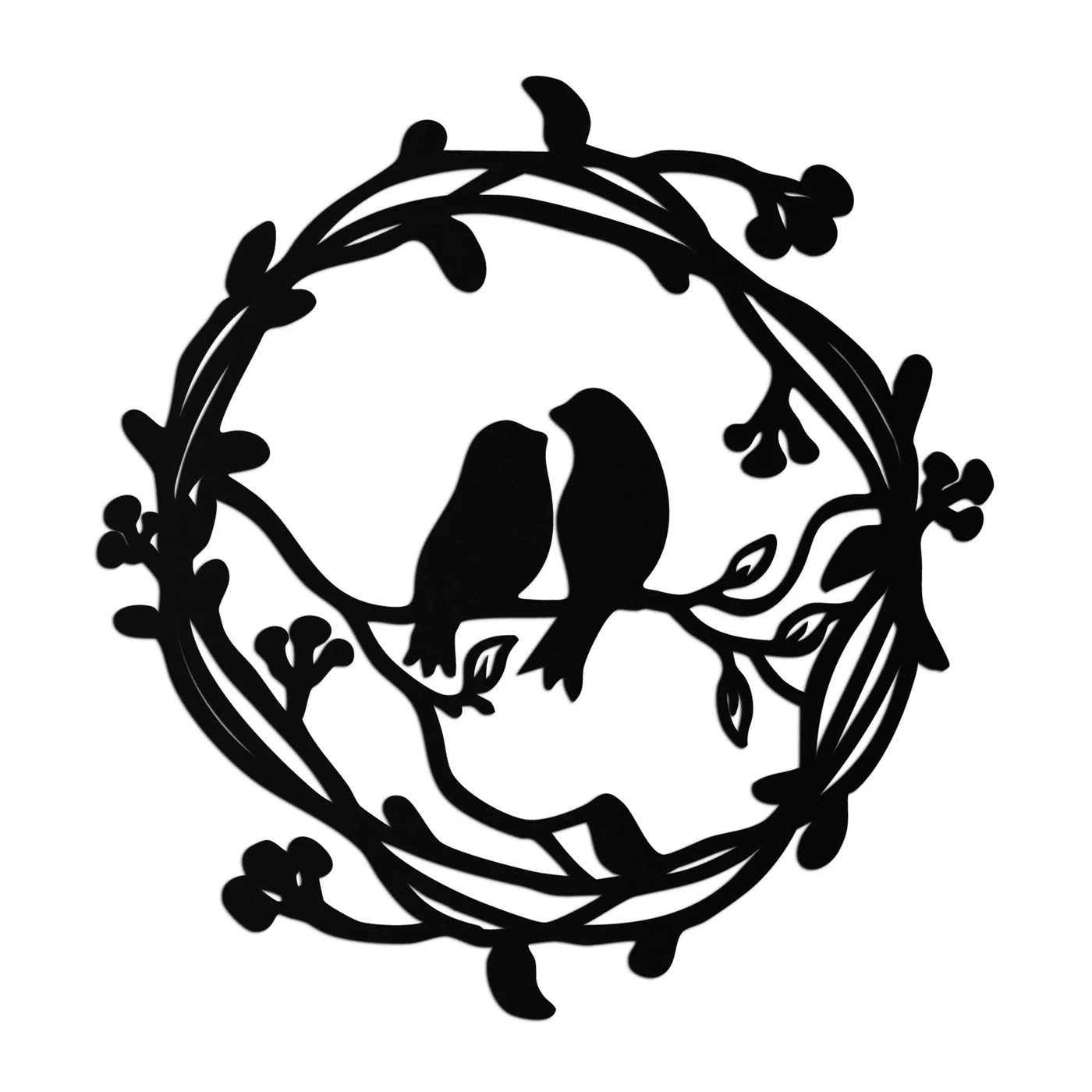 Two Birds on Wreath Branch Metal Wall Art – Romantic Nature-Inspired Round Design- KAF702 by Enova Art