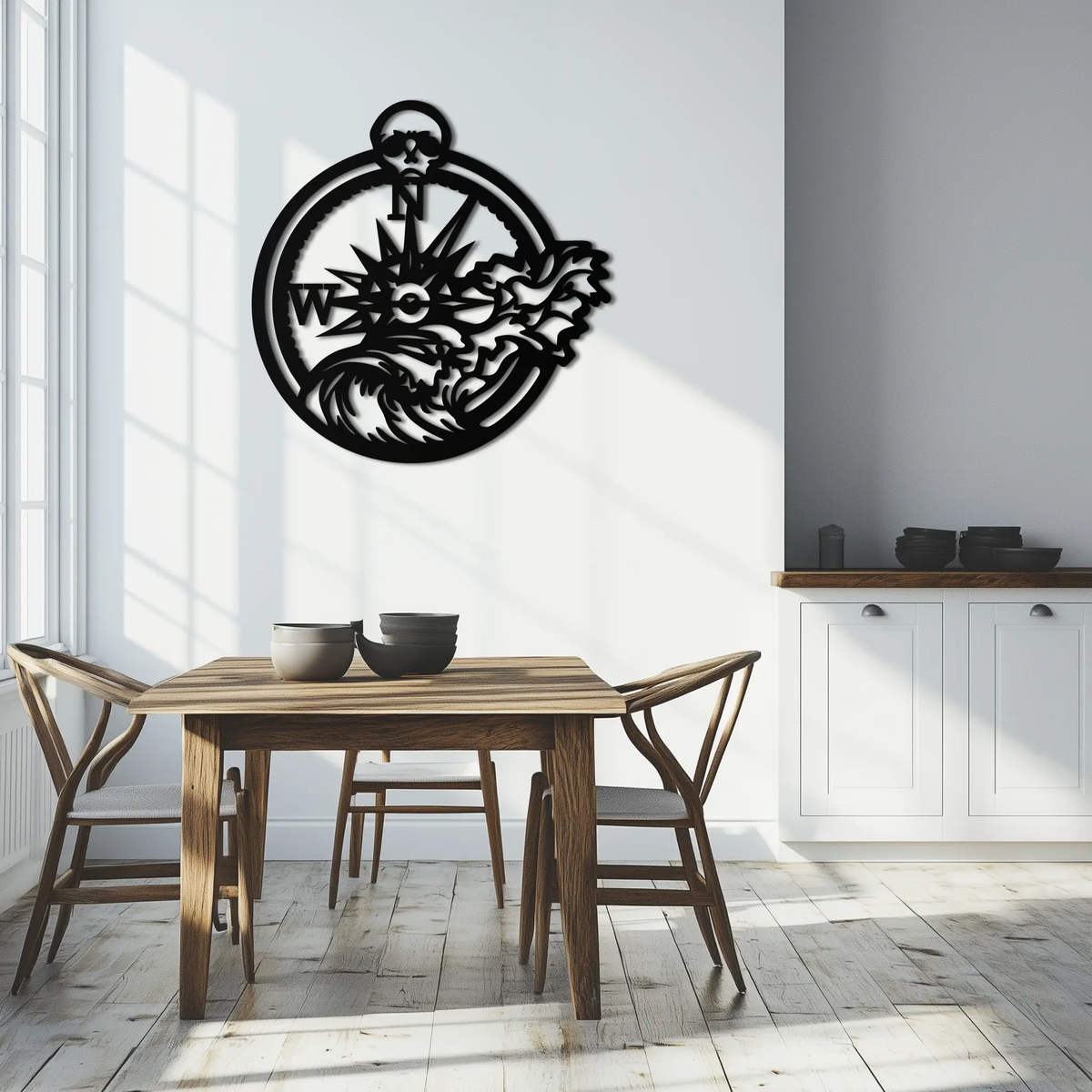 Nautical Compass Wave Metal Wall Art – Ocean Storm and Skull Design Decor- KAF704 by Enova Art