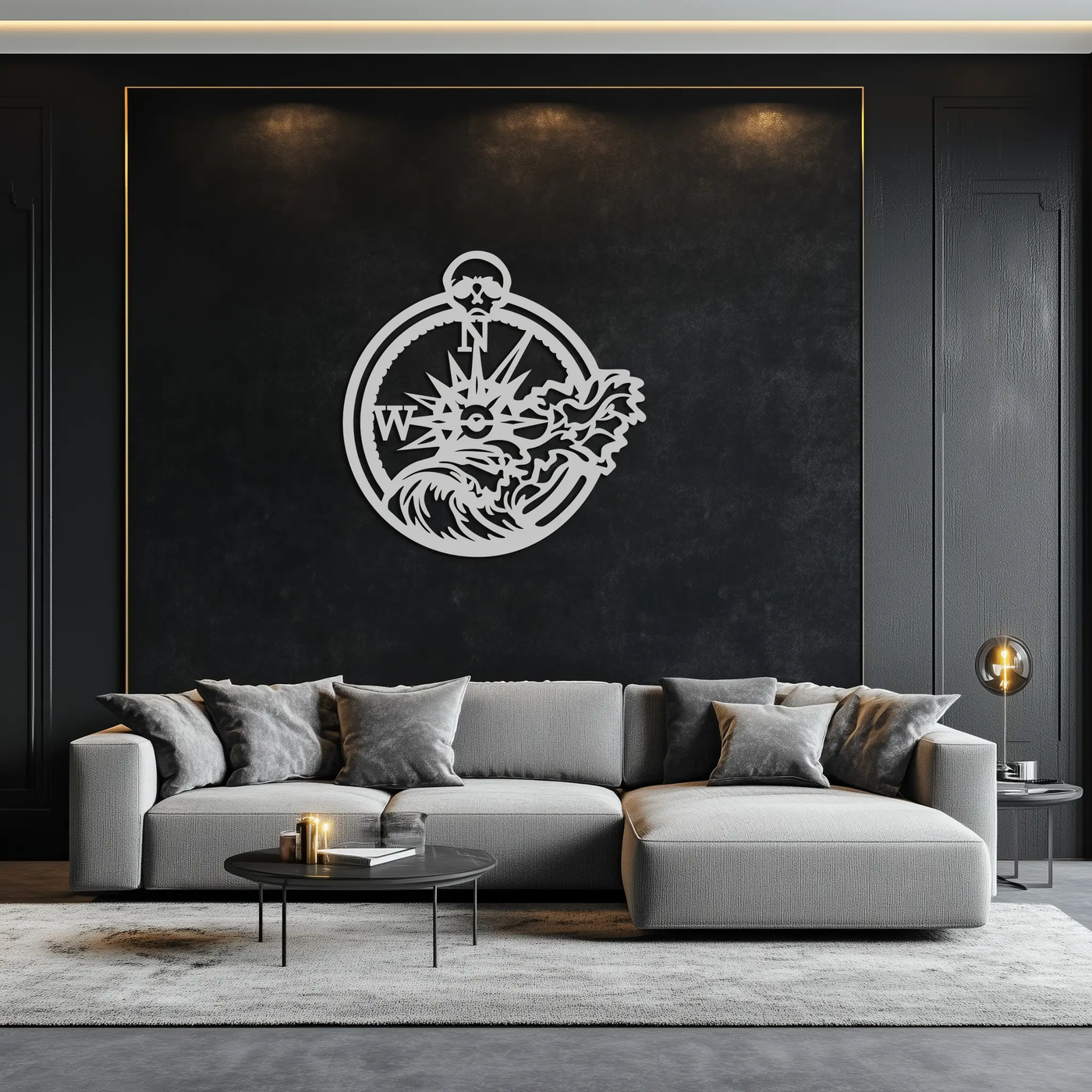 Nautical Compass Wave Metal Wall Art – Ocean Storm and Skull Design Decor- KAF704 by Enova Art