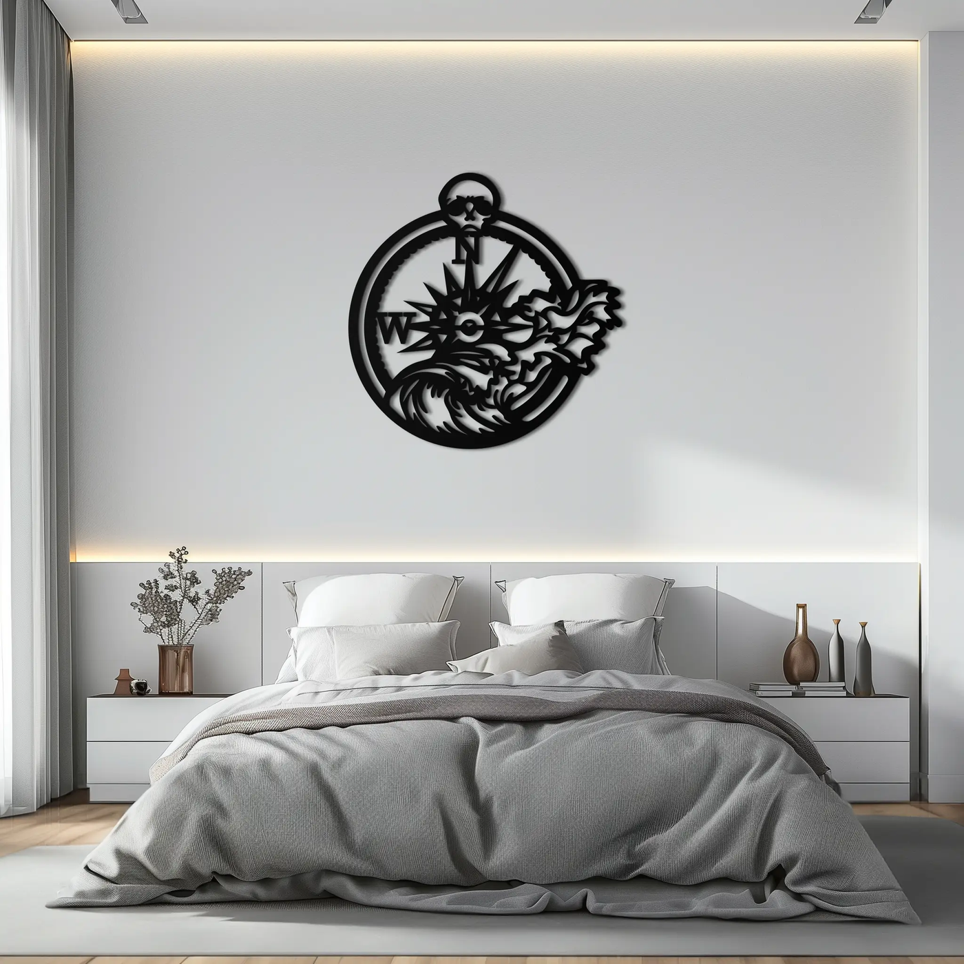 Nautical Compass Wave Metal Wall Art – Ocean Storm and Skull Design Decor- KAF704 by Enova Art