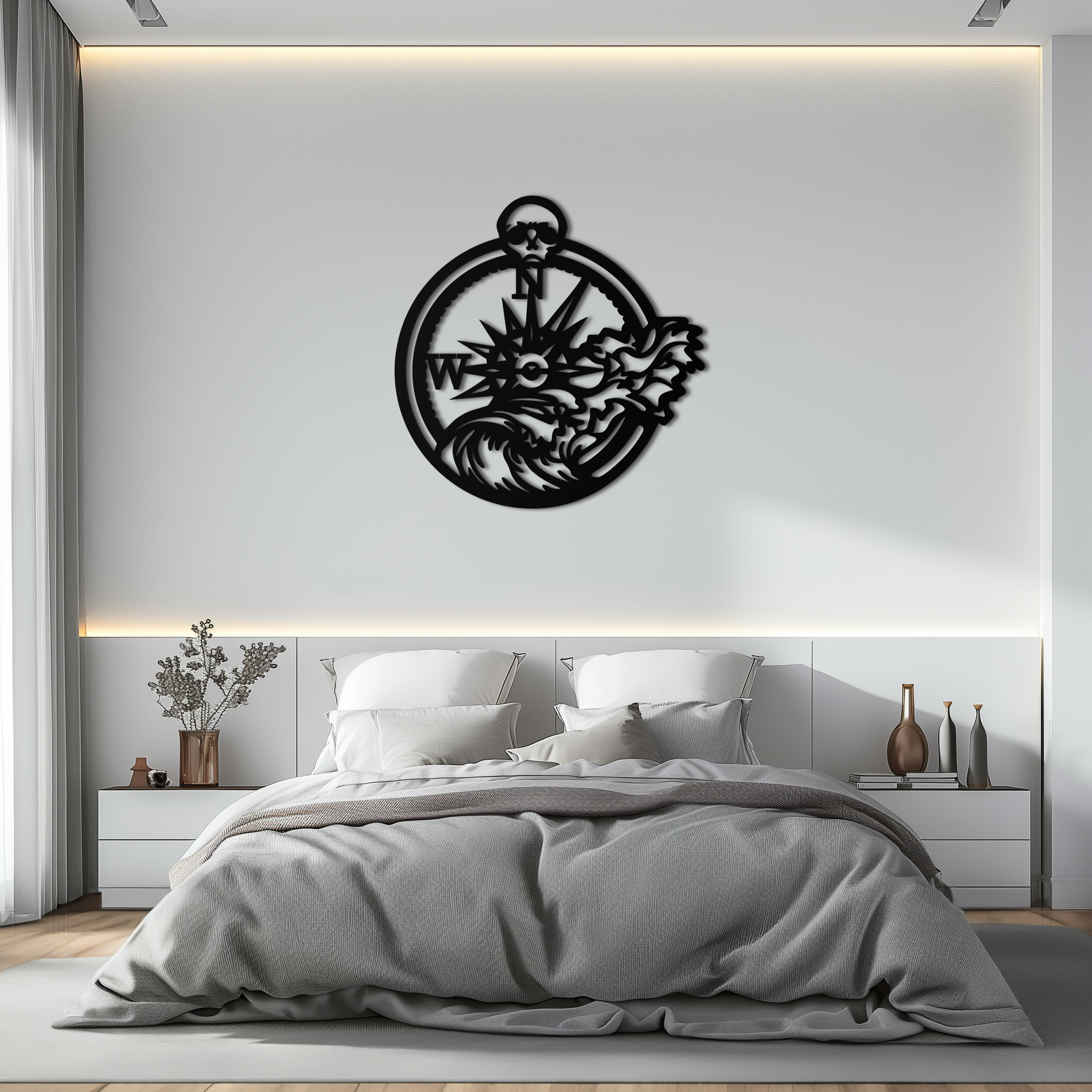 Nautical Compass Wave Metal Wall Art – Ocean Storm and Skull Design Decor- KAF704 by Enova Art