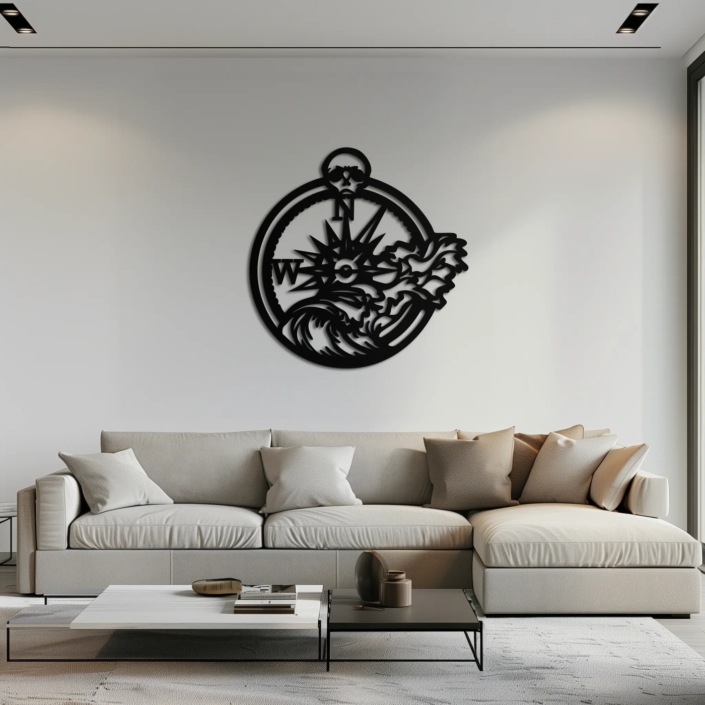 Nautical Compass Wave Metal Wall Art – Ocean Storm and Skull Design Decor- KAF704 by Enova Art