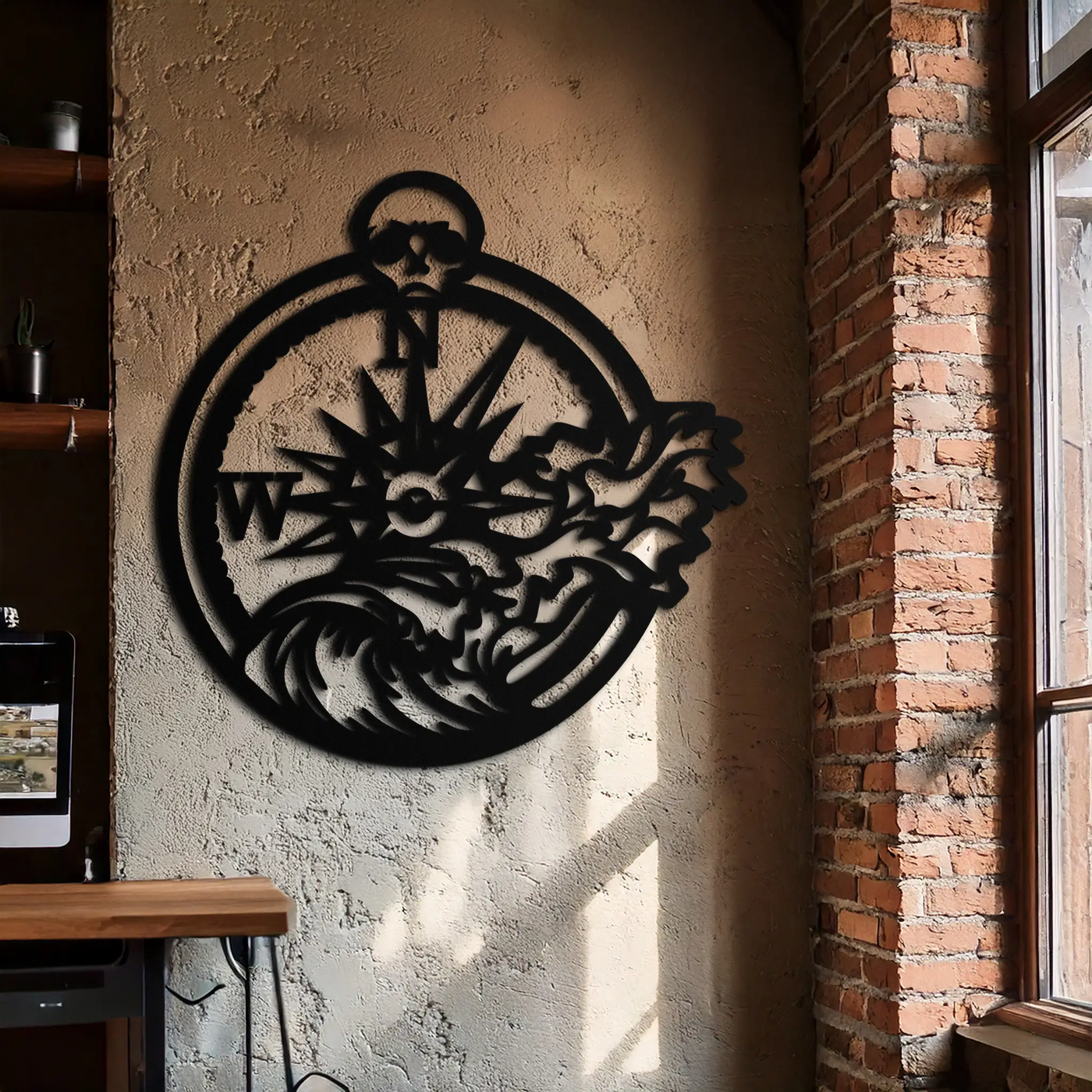 Nautical Compass Wave Metal Wall Art – Ocean Storm and Skull Design Decor- KAF704 by Enova Art