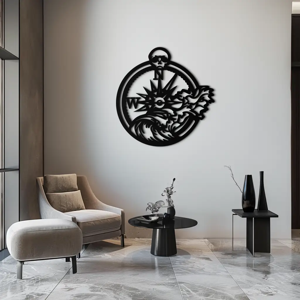 Nautical Compass Wave Metal Wall Art – Ocean Storm and Skull Design Decor- KAF704 by Enova Art