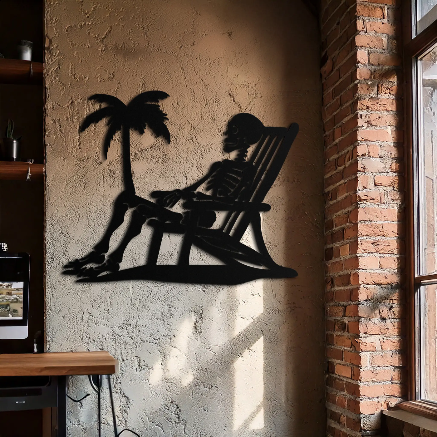 Sunbathing Skeleton Metal Wall Art – Tropical Palm Tree Beach Decor- KAF706 by Enova Art