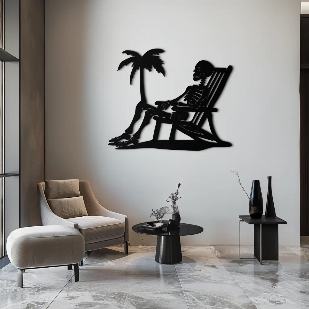 Sunbathing Skeleton Metal Wall Art – Tropical Palm Tree Beach Decor- KAF706 by Enova Art