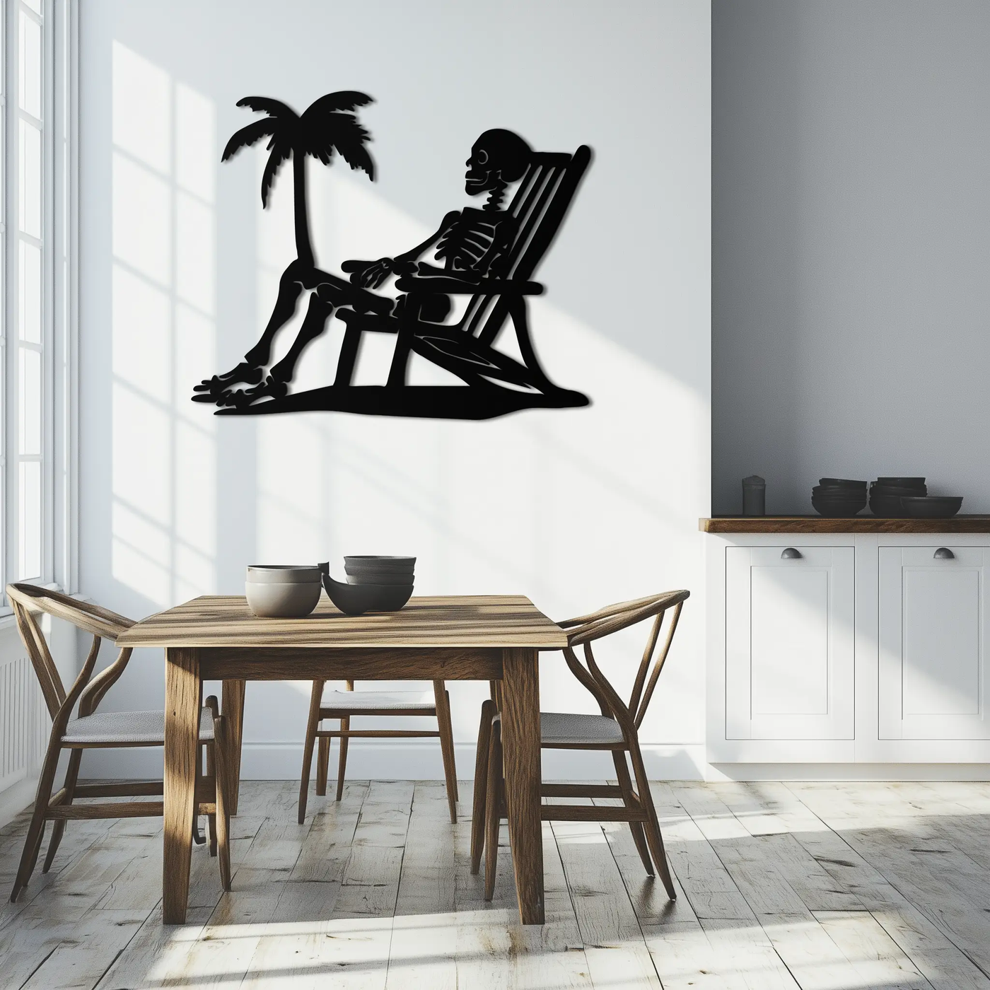 Sunbathing Skeleton Metal Wall Art – Tropical Palm Tree Beach Decor- KAF706 by Enova Art