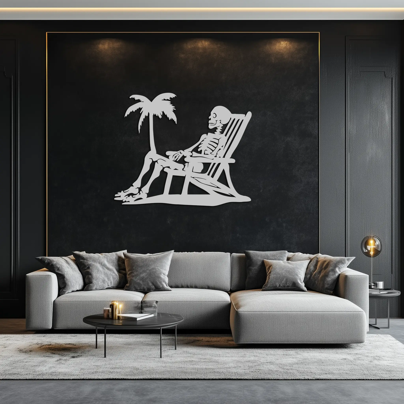 Sunbathing Skeleton Metal Wall Art – Tropical Palm Tree Beach Decor- KAF706 by Enova Art