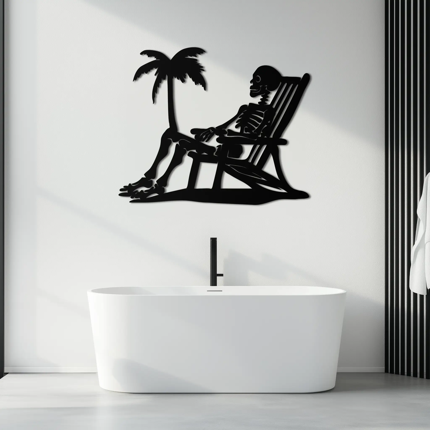 Sunbathing Skeleton Metal Wall Art – Tropical Palm Tree Beach Decor- KAF706 by Enova Art