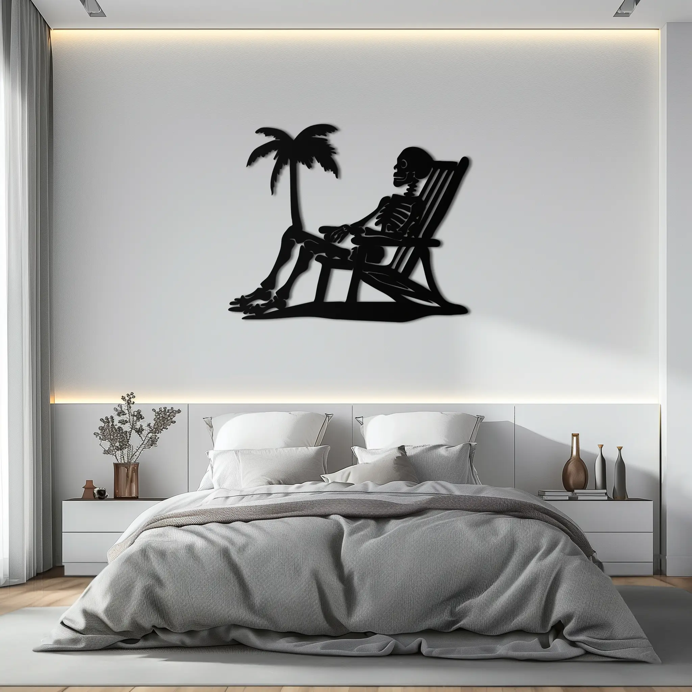 Sunbathing Skeleton Metal Wall Art – Tropical Palm Tree Beach Decor- KAF706 by Enova Art