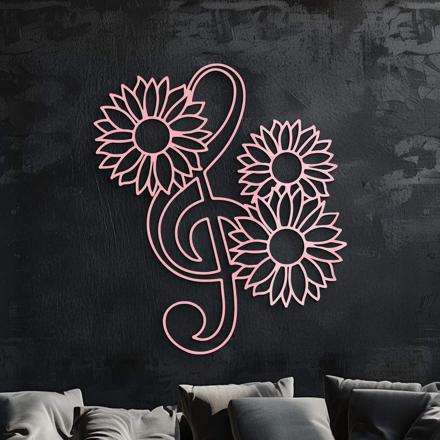 Pink Treble Clef with Sunflowers Metal Wall Art – Musical Floral Decor - KAFGP002 by Enova Art