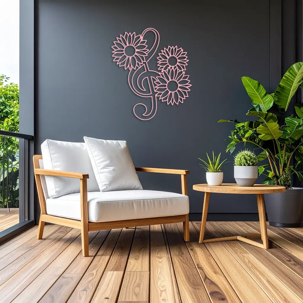 Pink Treble Clef with Sunflowers Metal Wall Art – Musical Floral Decor - KAFGP002 by Enova Art
