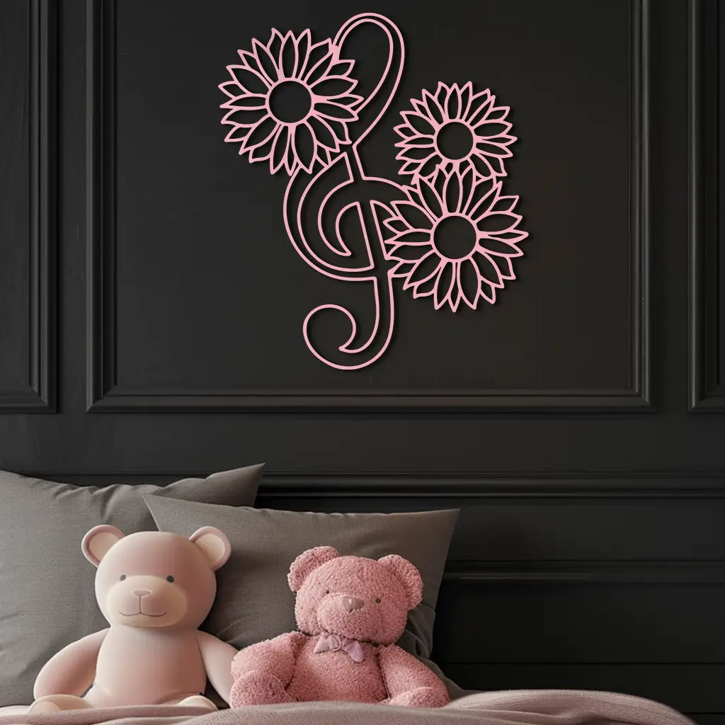 Pink Treble Clef with Sunflowers Metal Wall Art – Musical Floral Decor - KAFGP002 by Enova Art