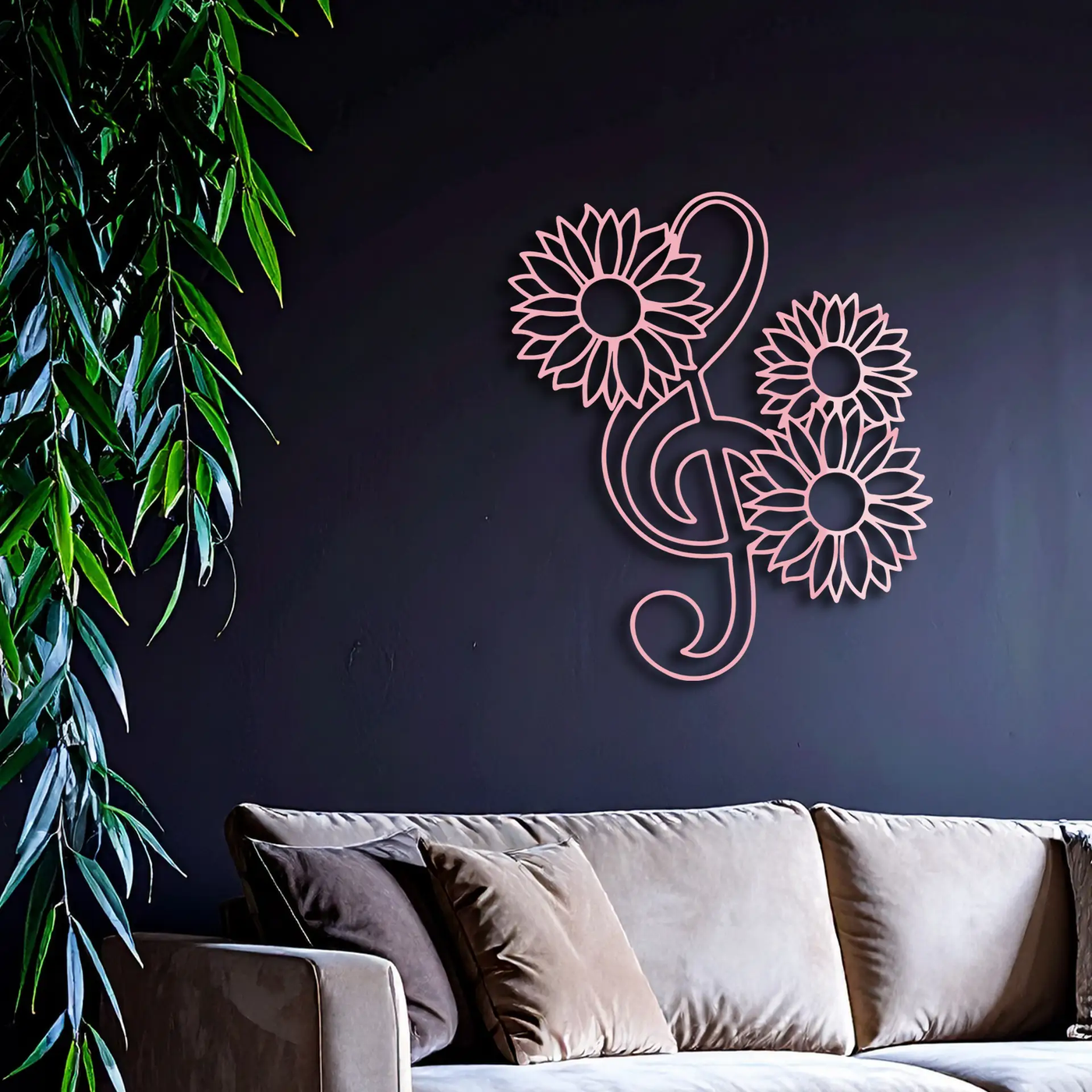 Pink Treble Clef with Sunflowers Metal Wall Art – Musical Floral Decor - KAFGP002 by Enova Art