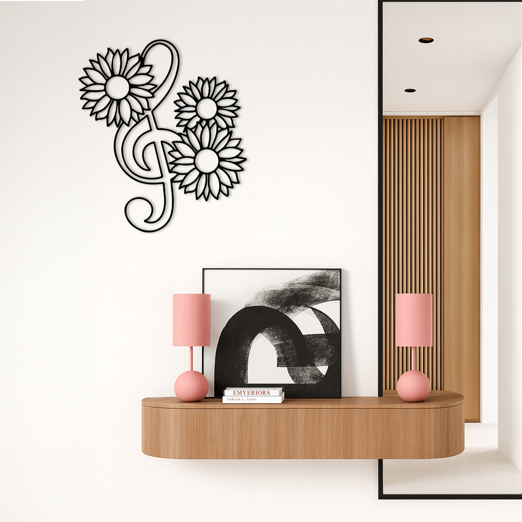 Pink Treble Clef with Sunflowers Metal Wall Art – Musical Floral Decor - KAFGP002 by Enova Art