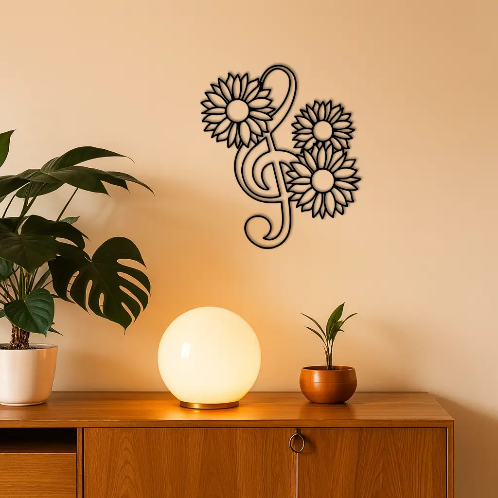 Pink Treble Clef with Sunflowers Metal Wall Art – Musical Floral Decor - KAFGP002 by Enova Art