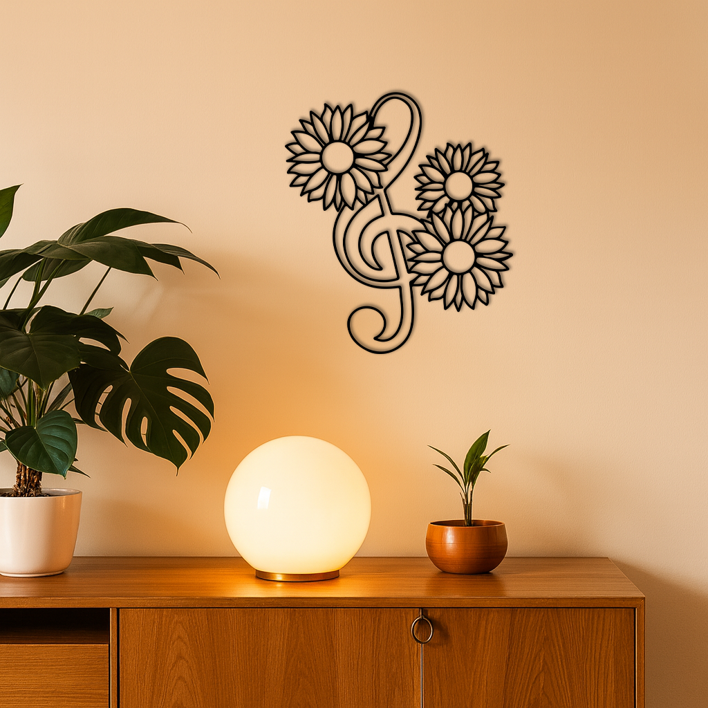 Pink Treble Clef with Sunflowers Metal Wall Art – Musical Floral Decor - KAFGP002 by Enova Art