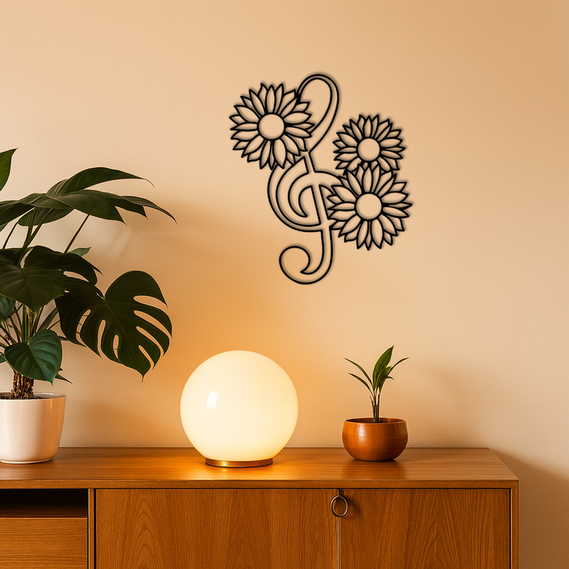 Pink Treble Clef with Sunflowers Metal Wall Art – Musical Floral Decor - KAFGP002 by Enova Art