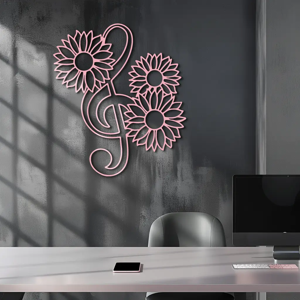 Pink Treble Clef with Sunflowers Metal Wall Art – Musical Floral Decor - KAFGP002 by Enova Art