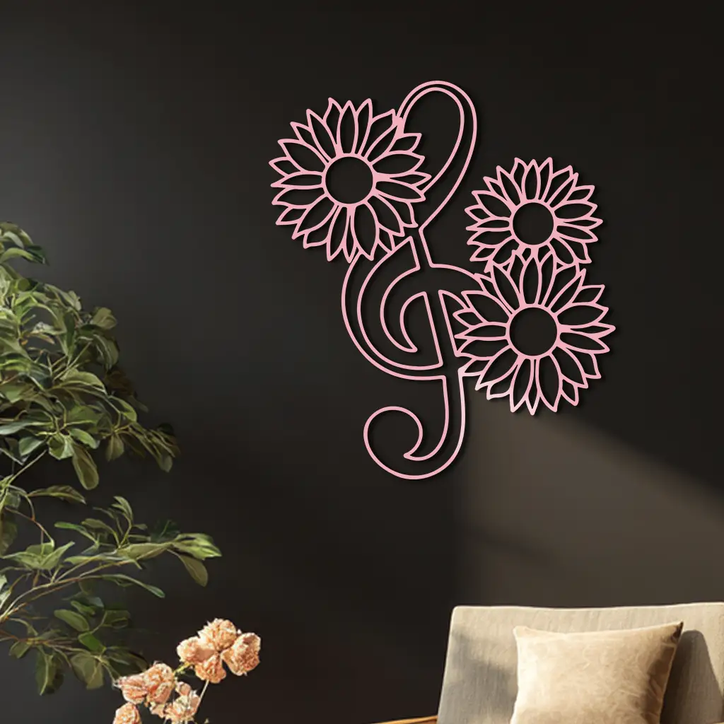 Pink Treble Clef with Sunflowers Metal Wall Art – Musical Floral Decor - KAFGP002 by Enova Art