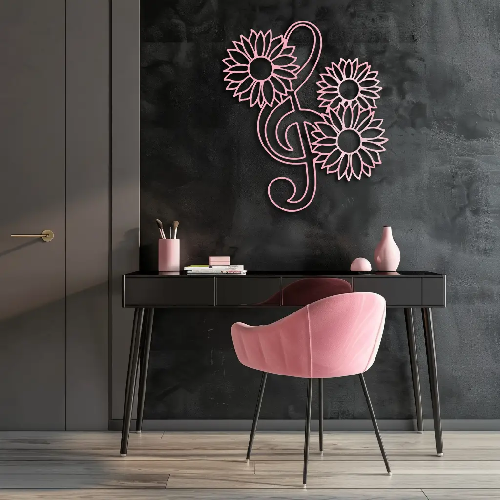Pink Treble Clef with Sunflowers Metal Wall Art – Musical Floral Decor - KAFGP002 by Enova Art