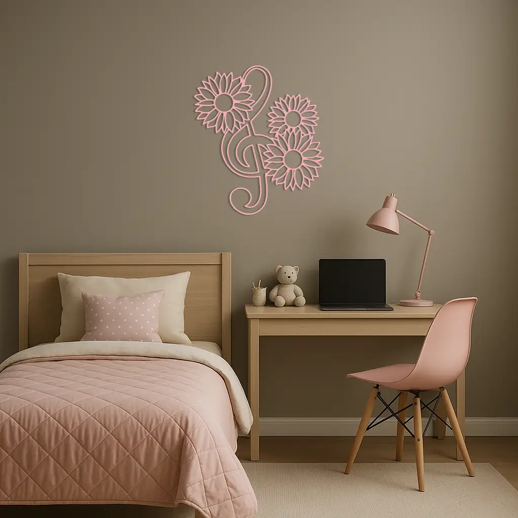 Pink Treble Clef with Sunflowers Metal Wall Art – Musical Floral Decor - KAFGP002 by Enova Art