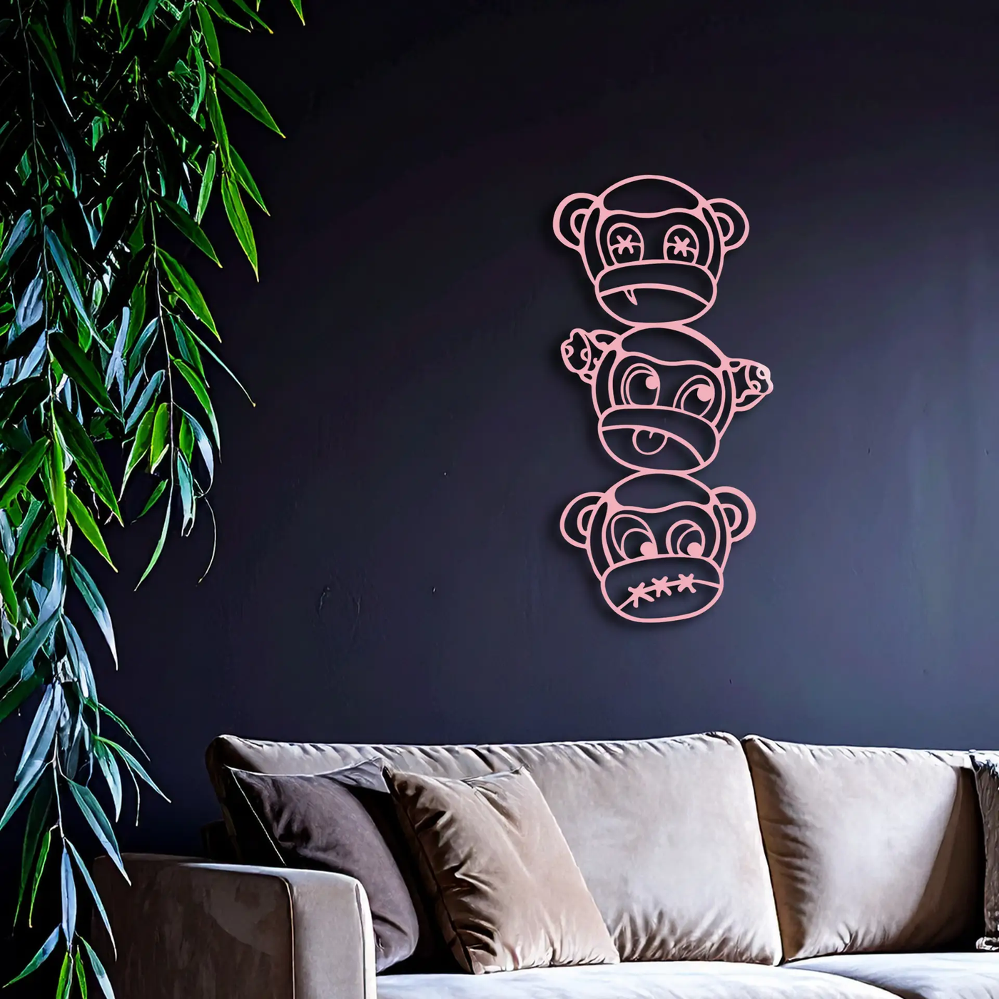 Pink Three Monkeys Metal Wall Art – Playful See No Evil, Hear No Evil, Speak No Evil Design - KAFGP004 by Enova Art