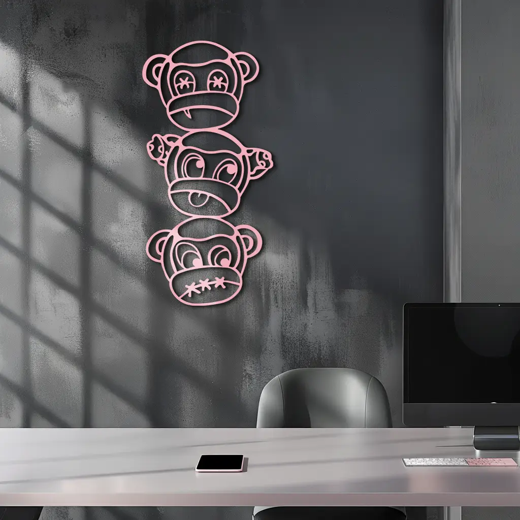 Pink Three Monkeys Metal Wall Art – Playful See No Evil, Hear No Evil, Speak No Evil Design - KAFGP004 by Enova Art