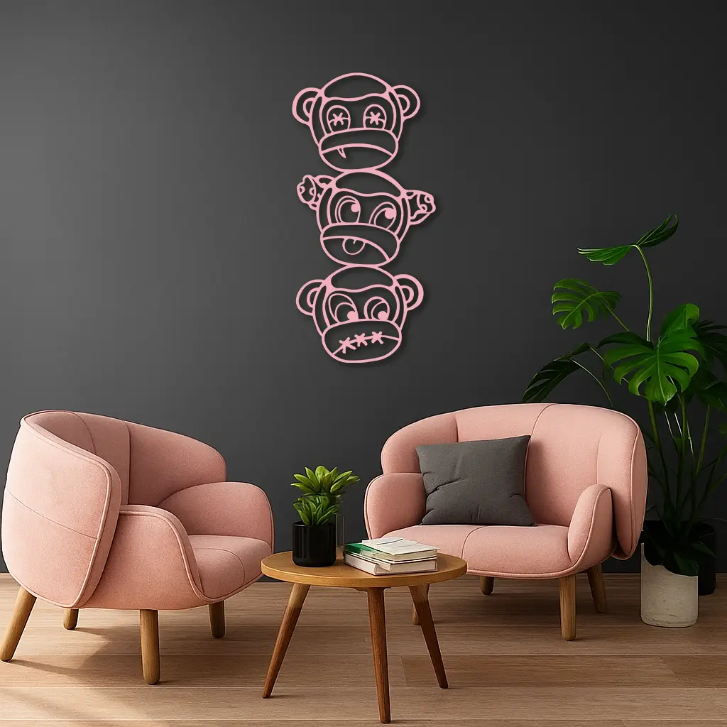 Pink Three Monkeys Metal Wall Art – Playful See No Evil, Hear No Evil, Speak No Evil Design - KAFGP004 by Enova Art