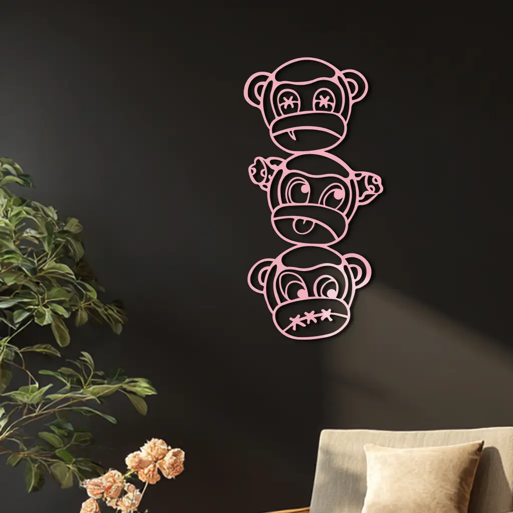 Pink Three Monkeys Metal Wall Art – Playful See No Evil, Hear No Evil, Speak No Evil Design - KAFGP004 by Enova Art