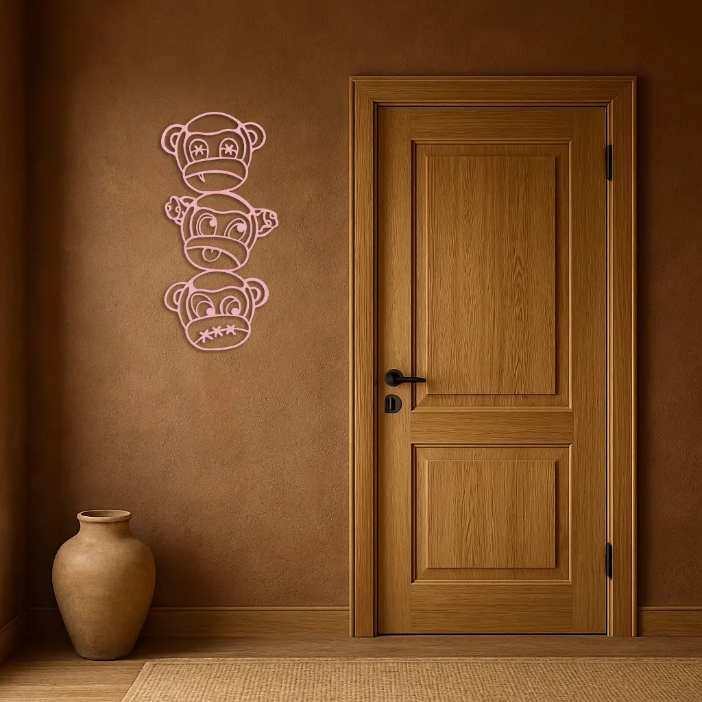 Pink Three Monkeys Metal Wall Art – Playful See No Evil, Hear No Evil, Speak No Evil Design - KAFGP004 by Enova Art
