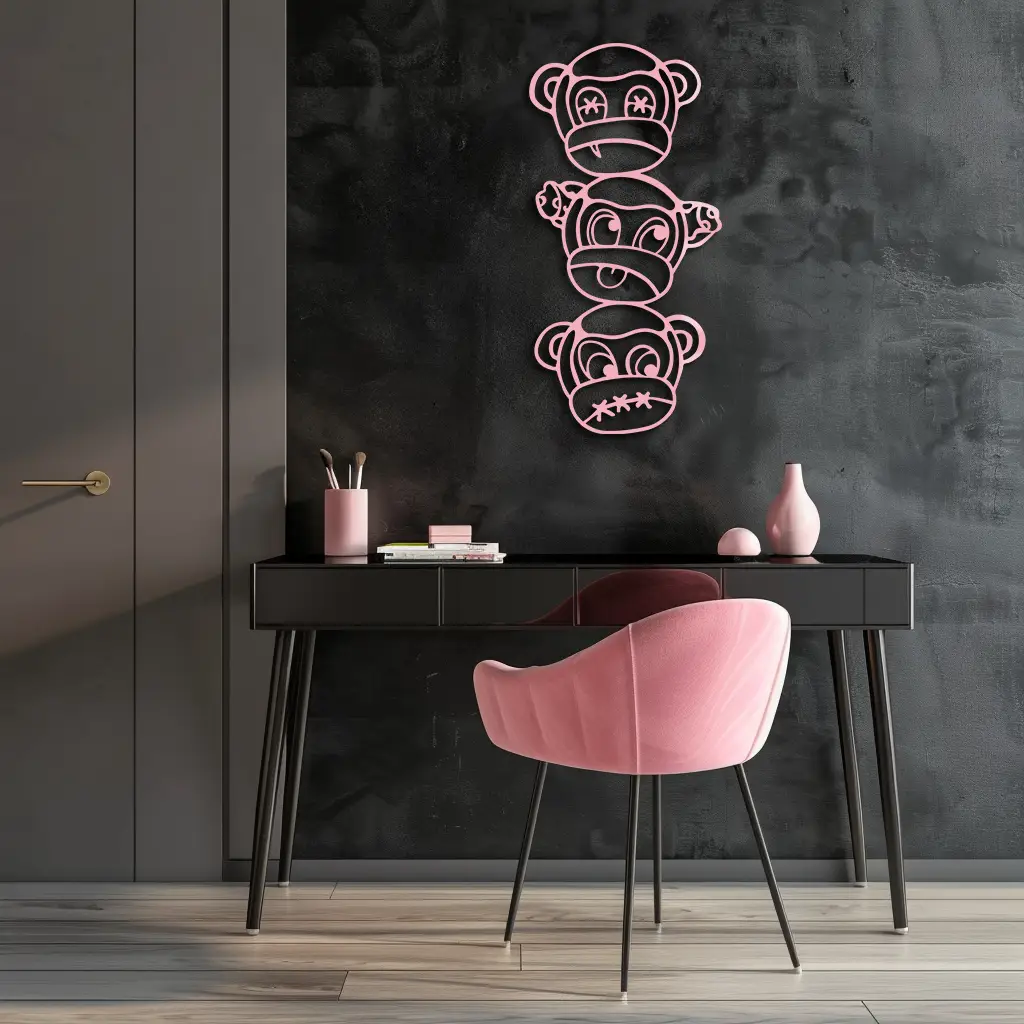 Pink Three Monkeys Metal Wall Art – Playful See No Evil, Hear No Evil, Speak No Evil Design - KAFGP004 by Enova Art