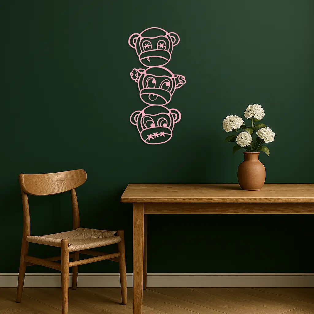 Pink Three Monkeys Metal Wall Art – Playful See No Evil, Hear No Evil, Speak No Evil Design - KAFGP004 by Enova Art