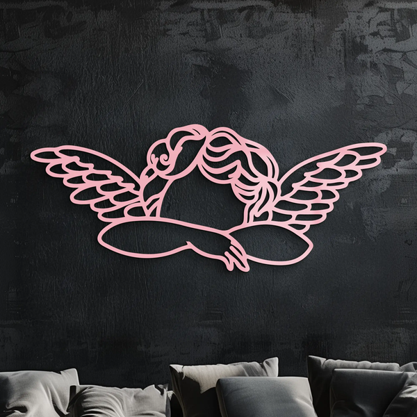 Pink Angel Silhouette Metal Wall Art – Elegant Guardian Wings Design - KAFGP005
