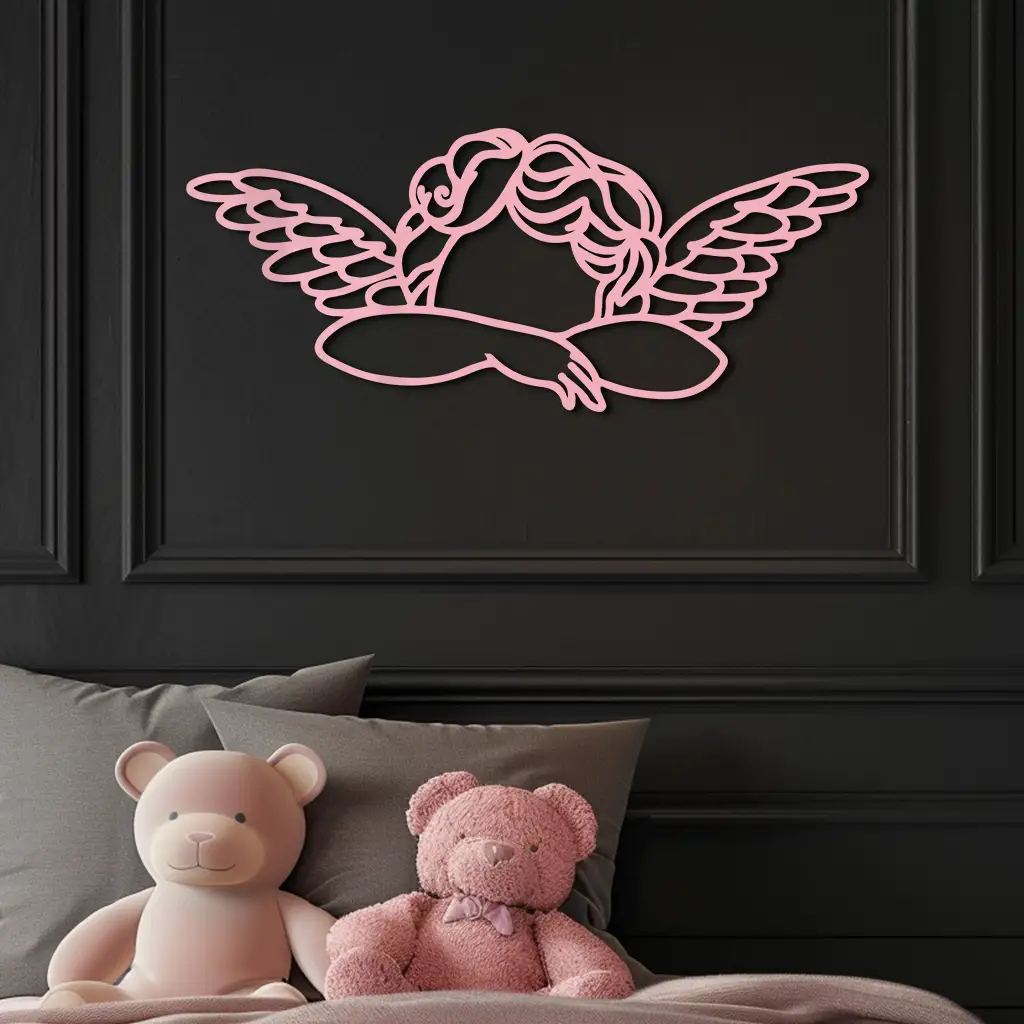 Pink Angel Silhouette Metal Wall Art – Elegant Guardian Wings Design - KAFGP005 by Enova Art