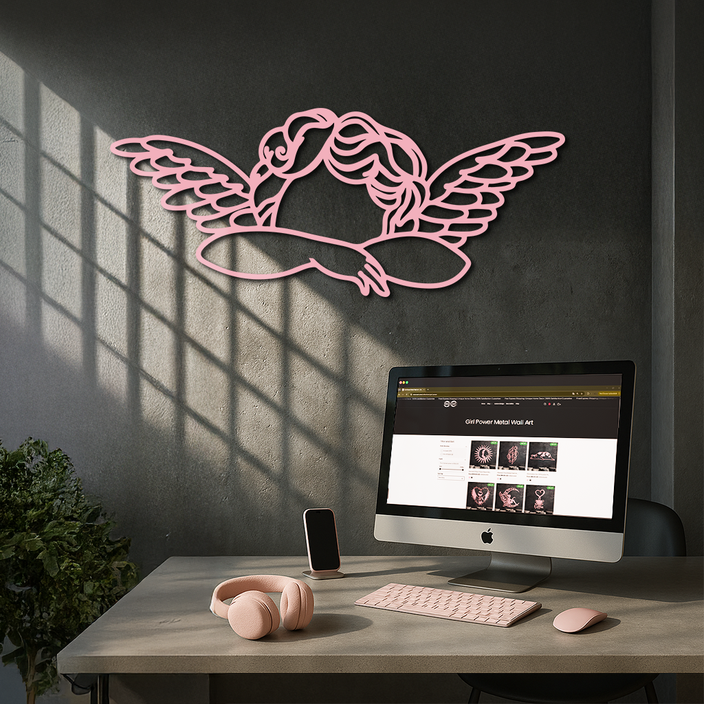 Pink Angel Silhouette Metal Wall Art – Elegant Guardian Wings Design - KAFGP005 by Enova Art