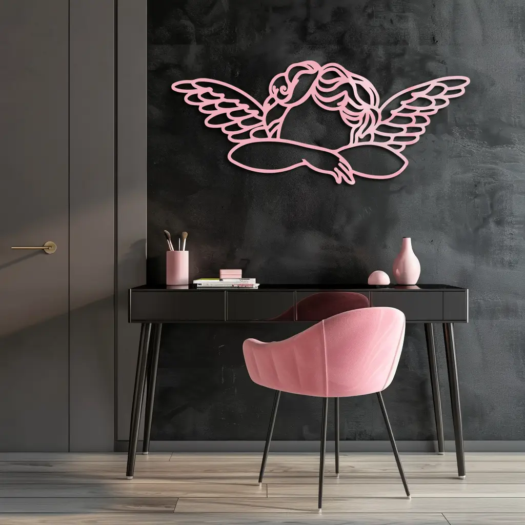 Pink Angel Silhouette Metal Wall Art – Elegant Guardian Wings Design - KAFGP005 by Enova Art